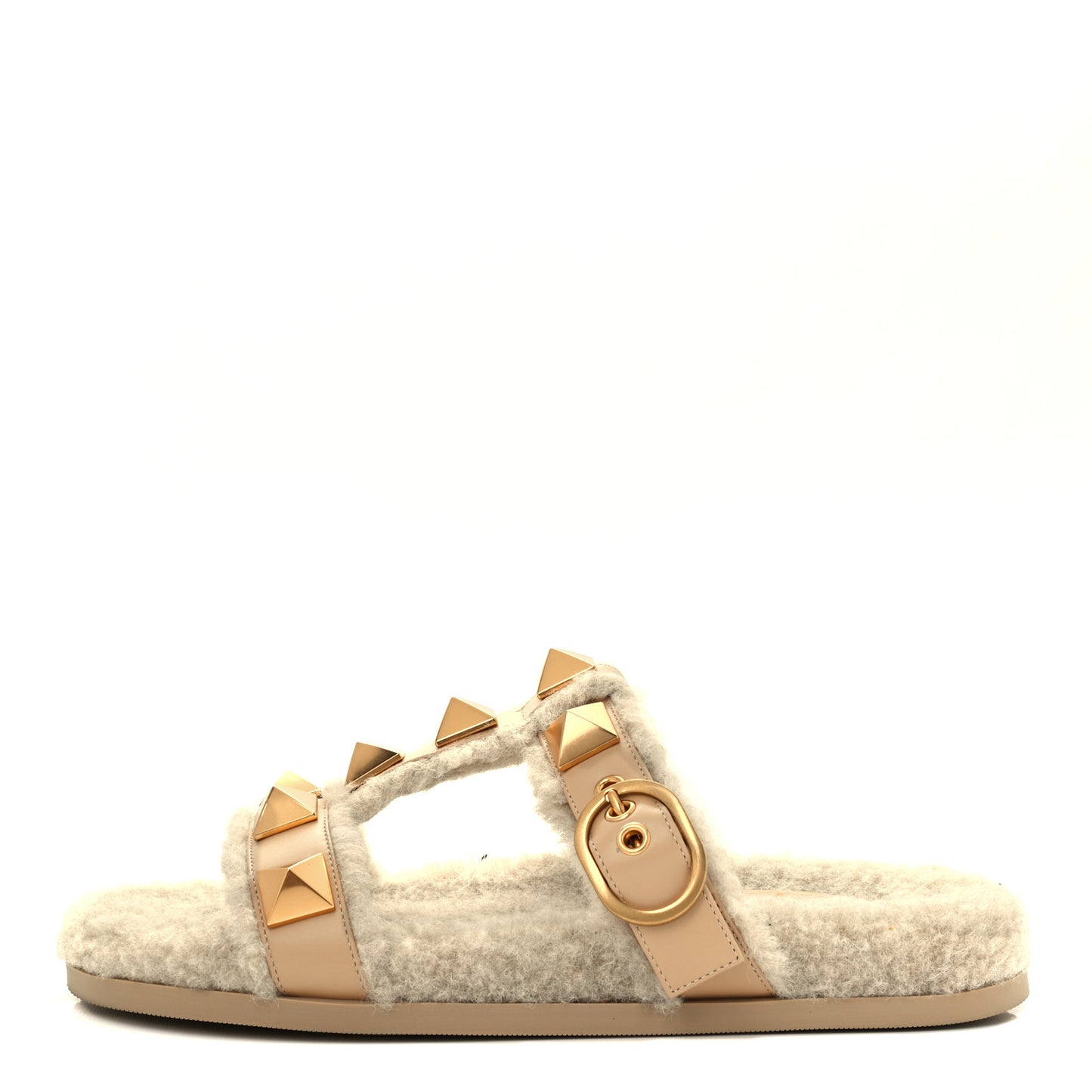Shearling Roman Stud Slide Sandals 37 Sahara Beige