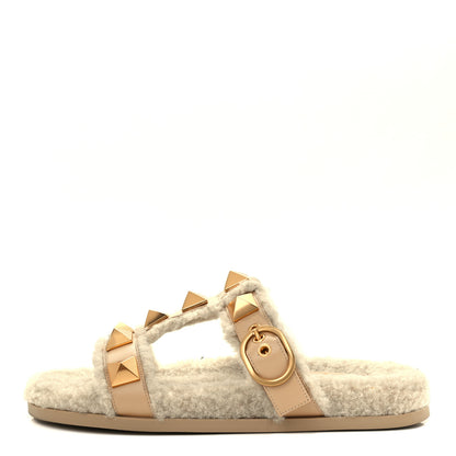 Valentino Garavani Shearling Roman Stud Slide Sandals 37 Sahara Beige 1 of 10