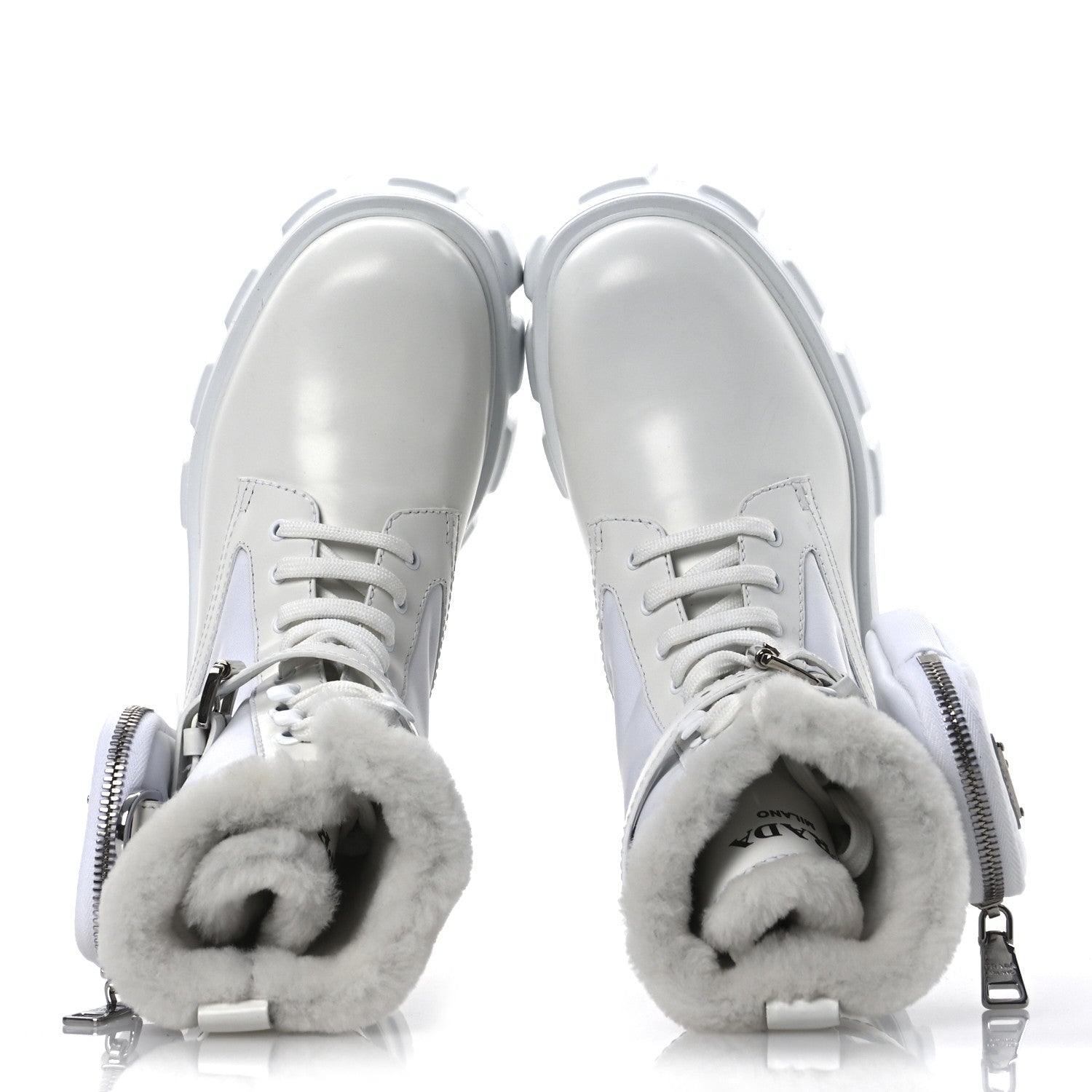 Prada Spazzolato Rois Nylon Shearling Metal Triangle Logo Monolith Pouch Pocket 55mm Boots 35.5 White 2 of 12