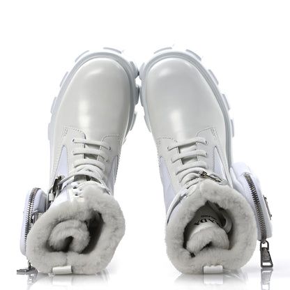 Prada Spazzolato Rois Nylon Shearling Metal Triangle Logo Monolith Pouch Pocket 55mm Boots 35.5 White 2 of 12