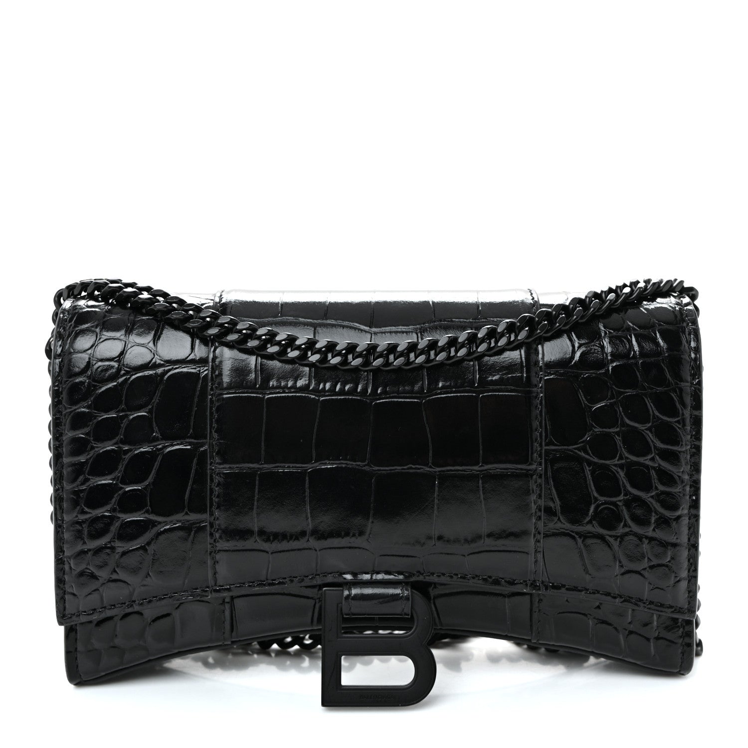 Balenciaga Shiny Calfskin Monochrome Crocodile Embossed Hourglass Chain Bag Black 1 of 10