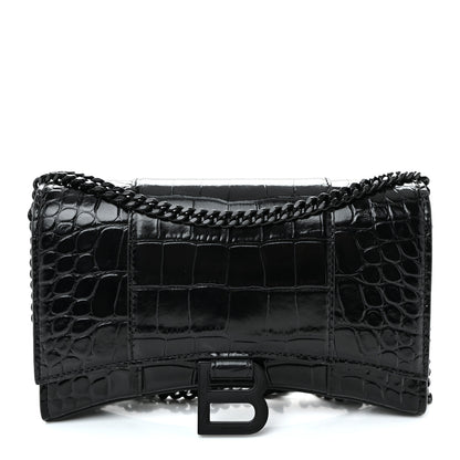 Balenciaga Shiny Calfskin Monochrome Crocodile Embossed Hourglass Chain Bag Black 1 of 10