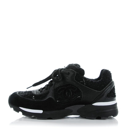 Chanel Tweed Suede Goatskin CC Sneakers 35.5 Black White 1 of 8