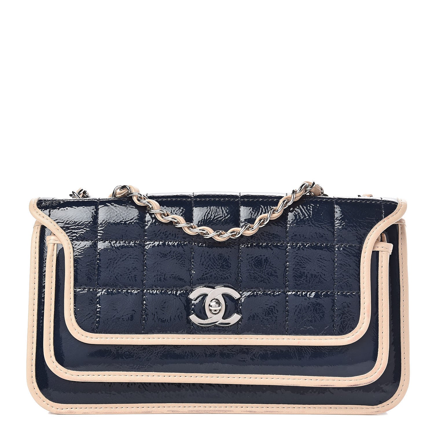 Chanel Patent Lambskin Medium Chocolate Bar Flap Navy Beige 1 of 15
