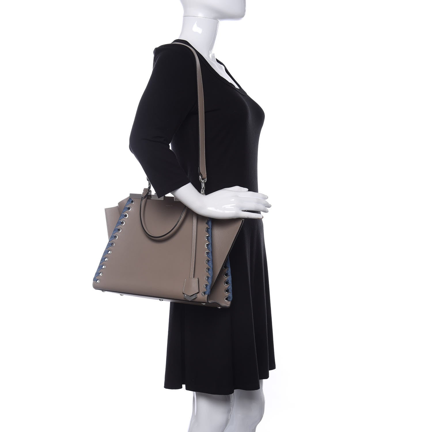 Fendi Vitello Dolce Ribbon Lace Up Petite 3Jours Tote Tortora Ceruleo 2 of 14