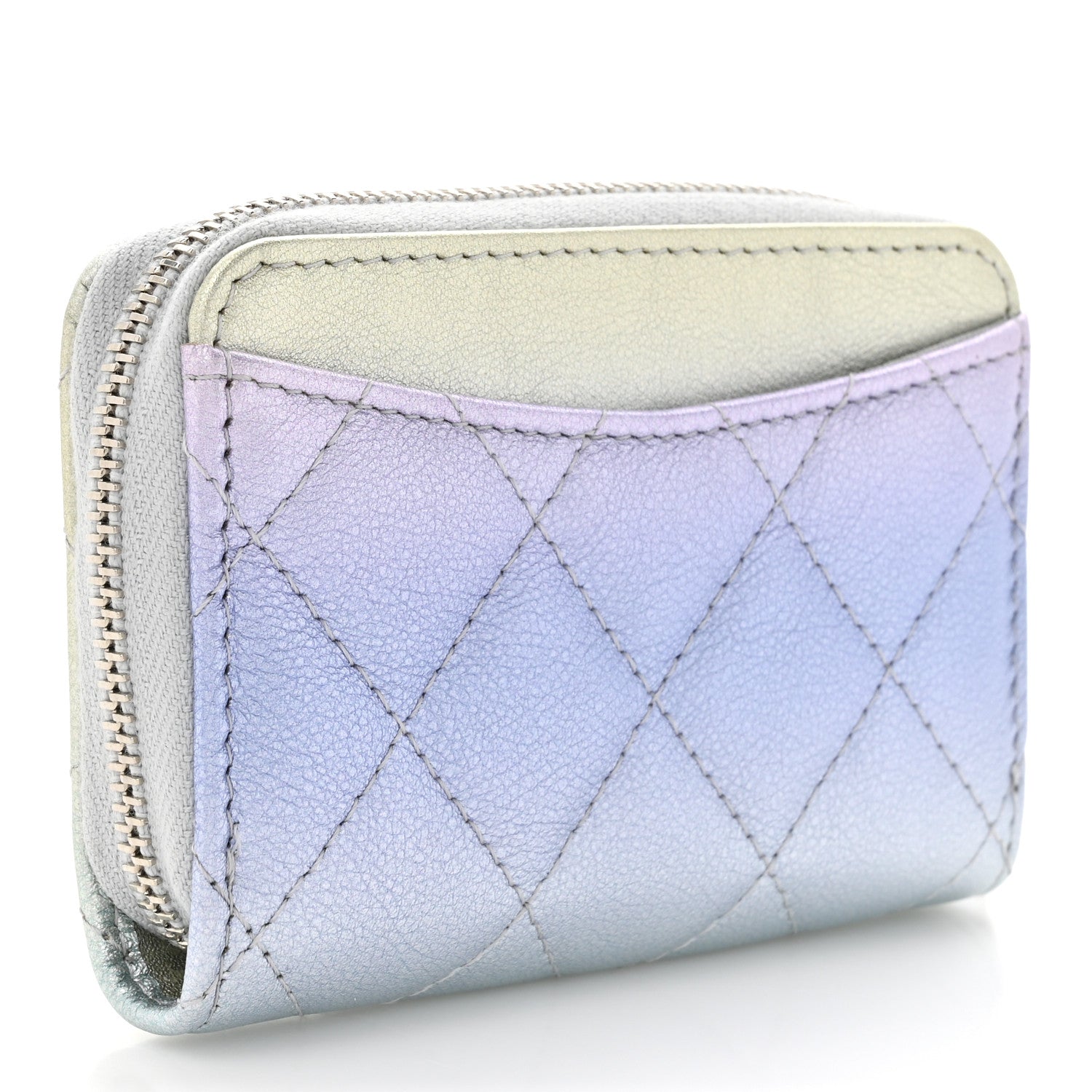Chanel Gradient Metallic Calfskin Quilted Zip Around Coin Purse Wallet Silver Blue Yellow Purple 3 of 7