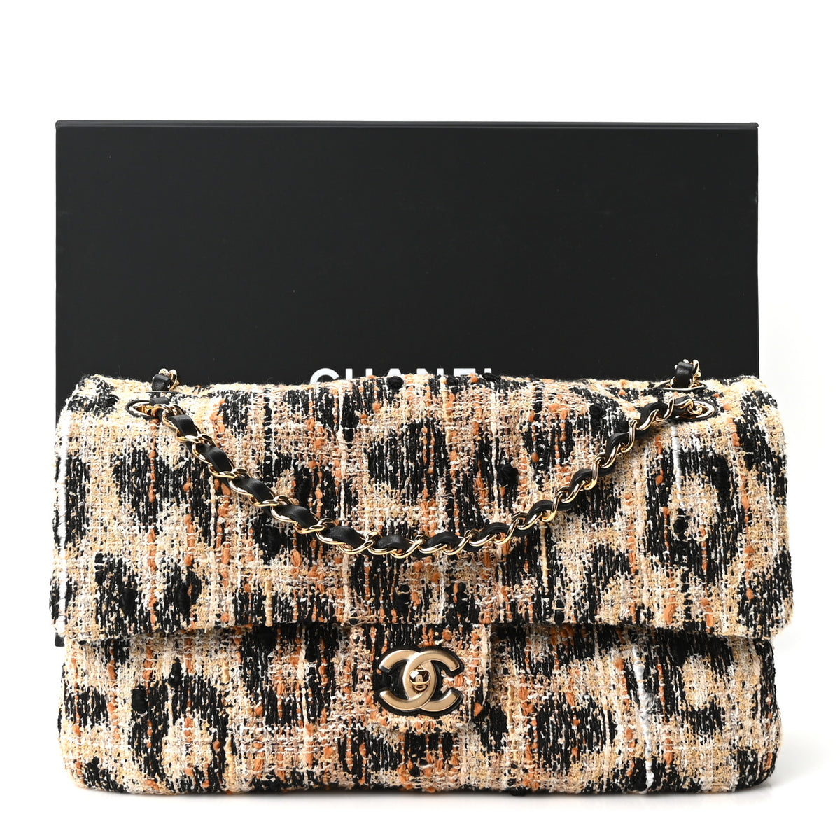 Tweed Mixed Fibers Leopard Print Small Souplissimo Maxi Flap Brown Black White