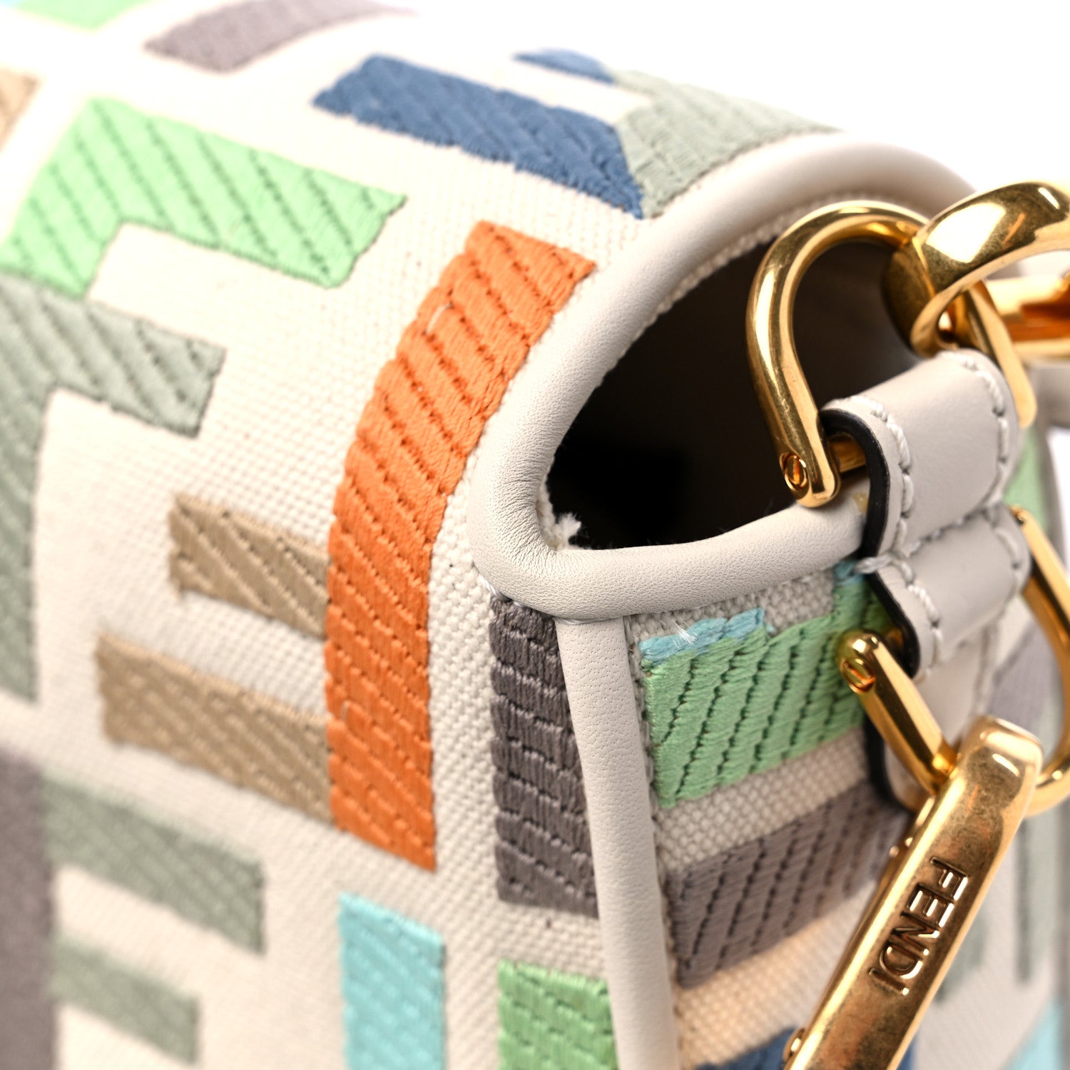 Fendi Canvas Vitello Seta FF Multicolor Embroidered Baguette Grezzo Multicolor Latte 9 of 9