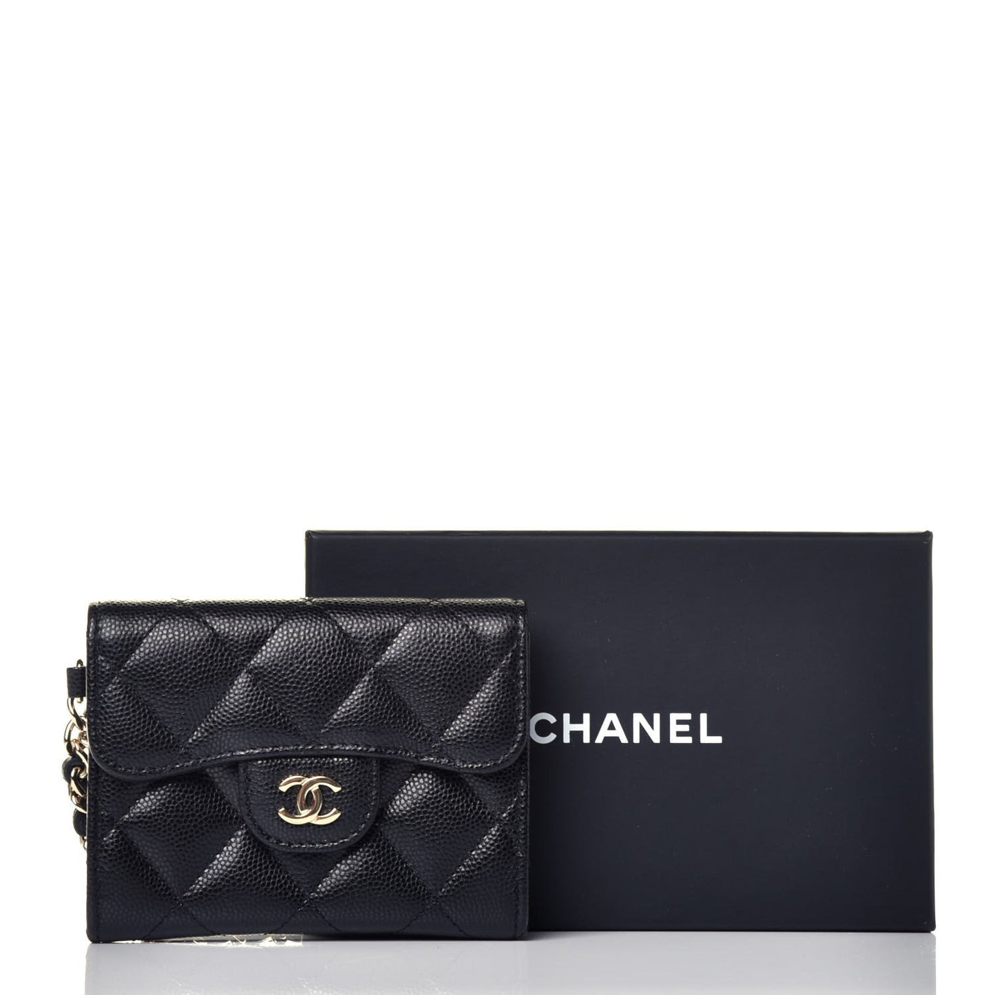 Caviar Quilted Flap Card Holder Chain Wristlet Black
