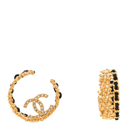 Chanel Lambskin Chain Crystal CC Flower Hoop Earrings Gold Black 1 of 5