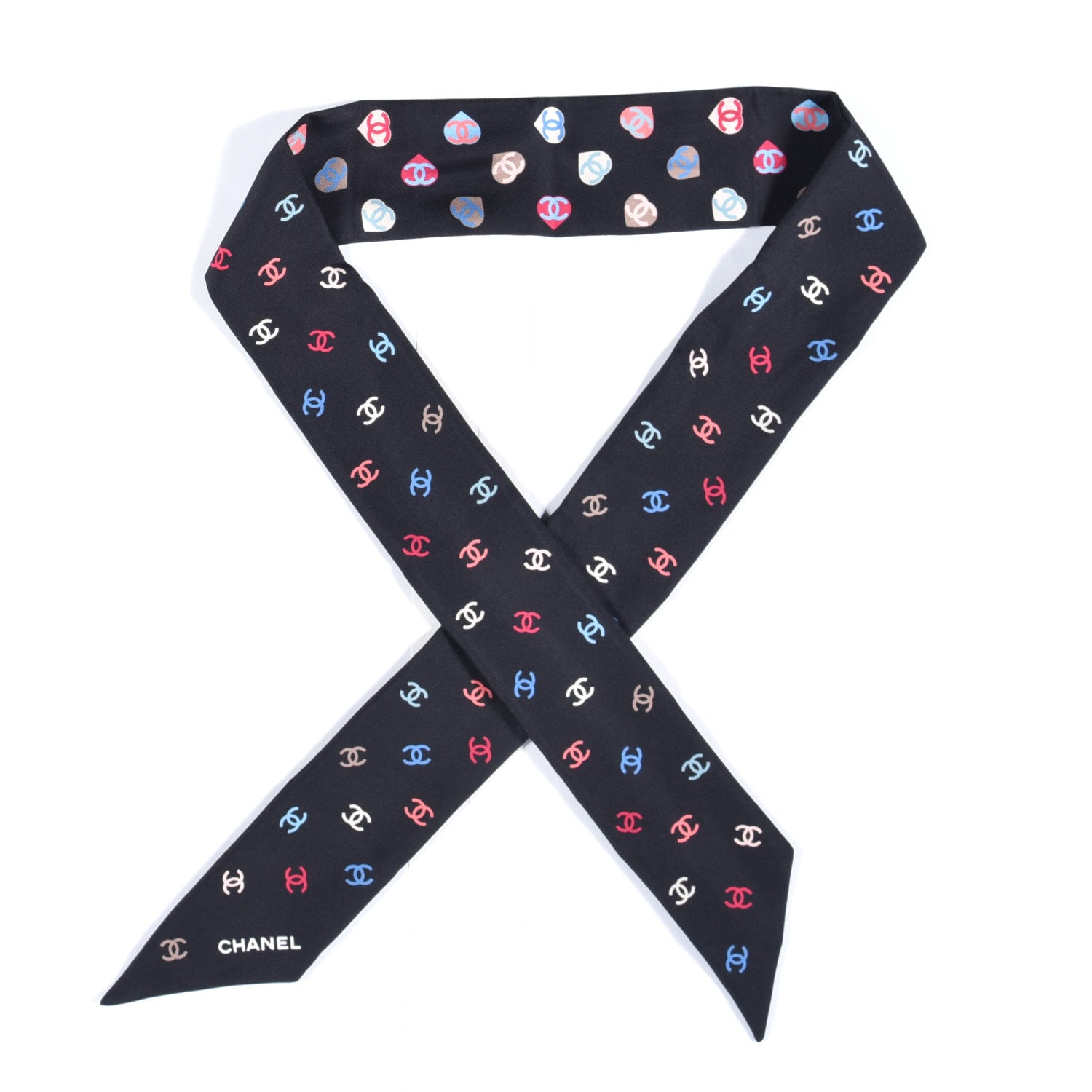 Chanel Silk Heart CC Slim Bandeau Scarf Black 1 of 3