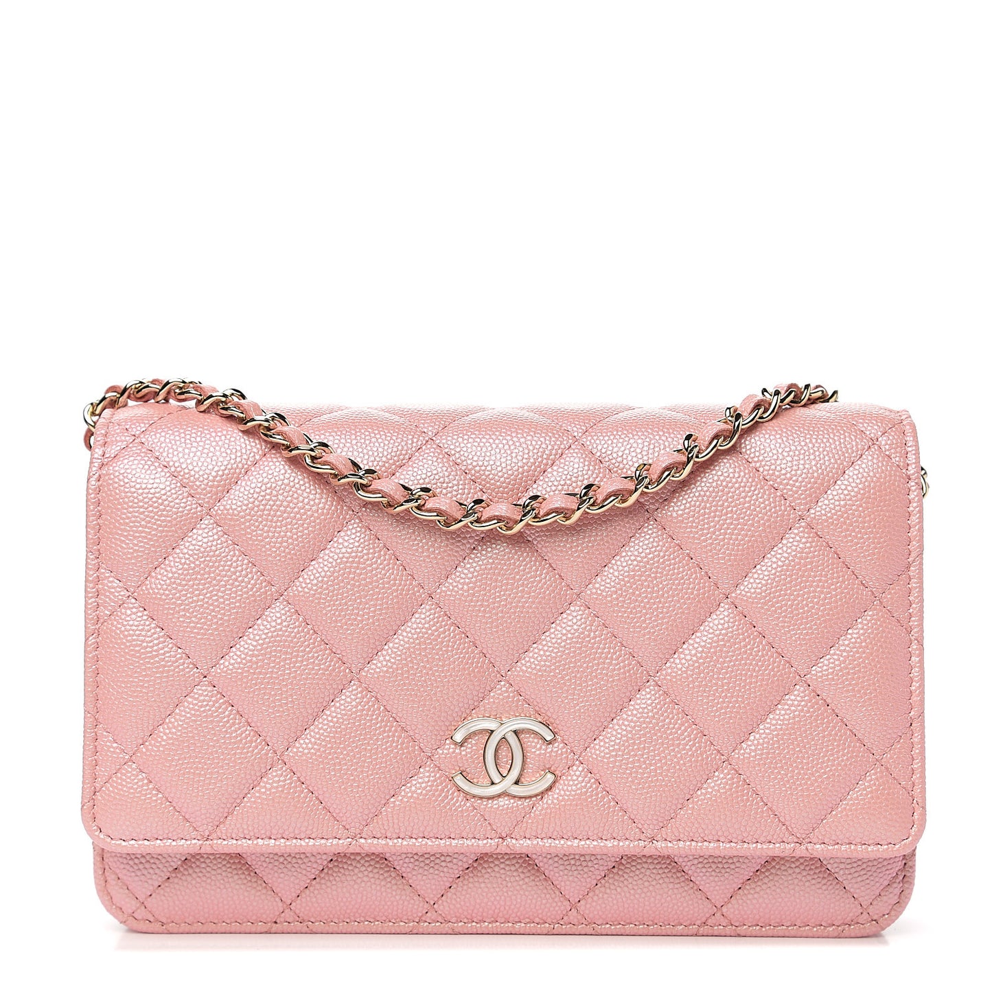 Iridescent Caviar Quilted Wallet on Chain WOC Pink
