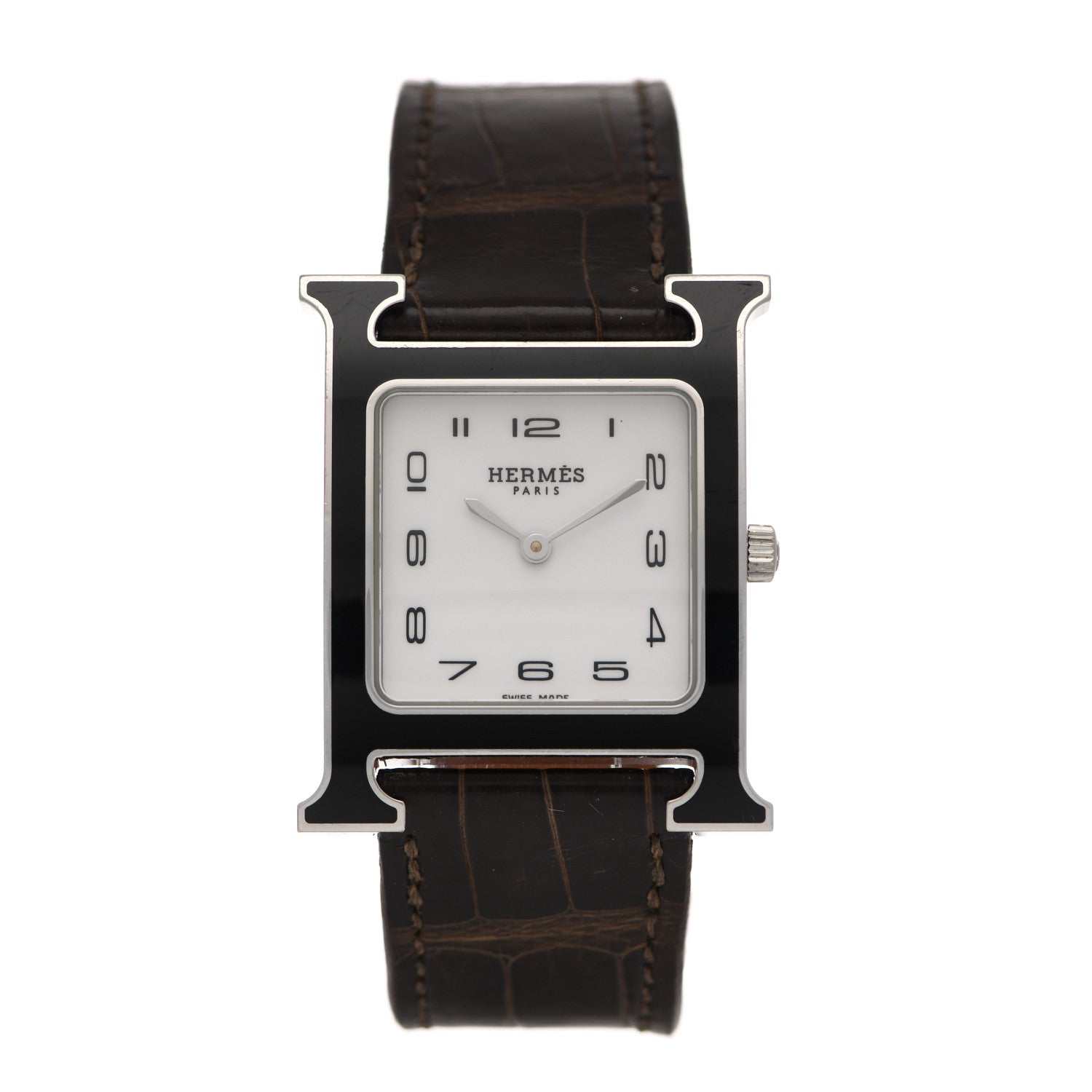 Hermes Stainless Steel Alligator Lacquer 26mm Heure H Hour Quartz Watch Gris Elephant 1 of 6