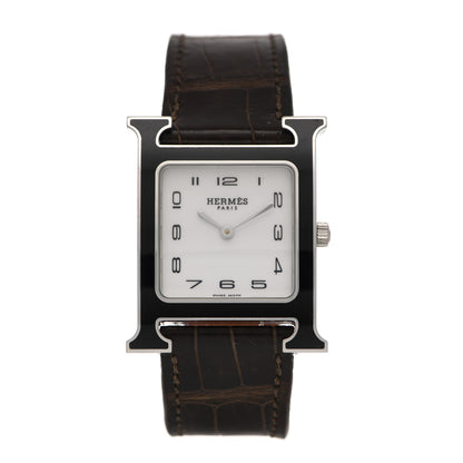 Hermes Stainless Steel Alligator Lacquer 26mm Heure H Hour Quartz Watch Gris Elephant 1 of 6