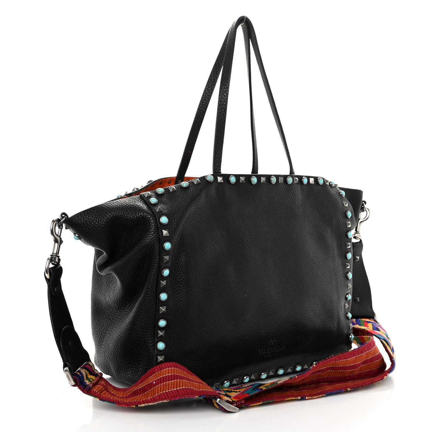 Valentino Garavani Pebbled Calfskin Beaded Guitar Strap Rockstud Rolling Tote Bag Black 3 of 9
