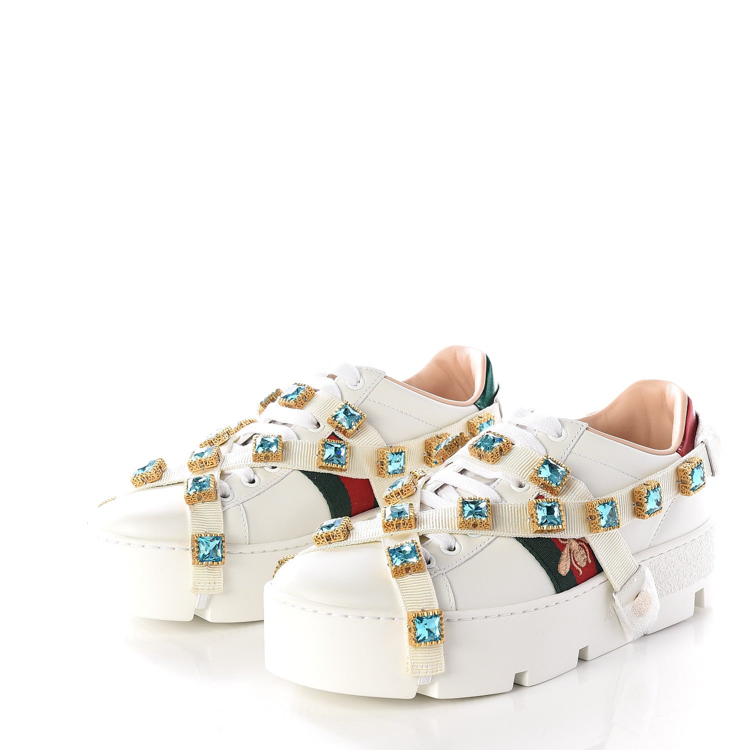 Gucci Calfskin Removable Crystals Bee Embroidered Ace Platform Sneakers 36 White 2 of 11