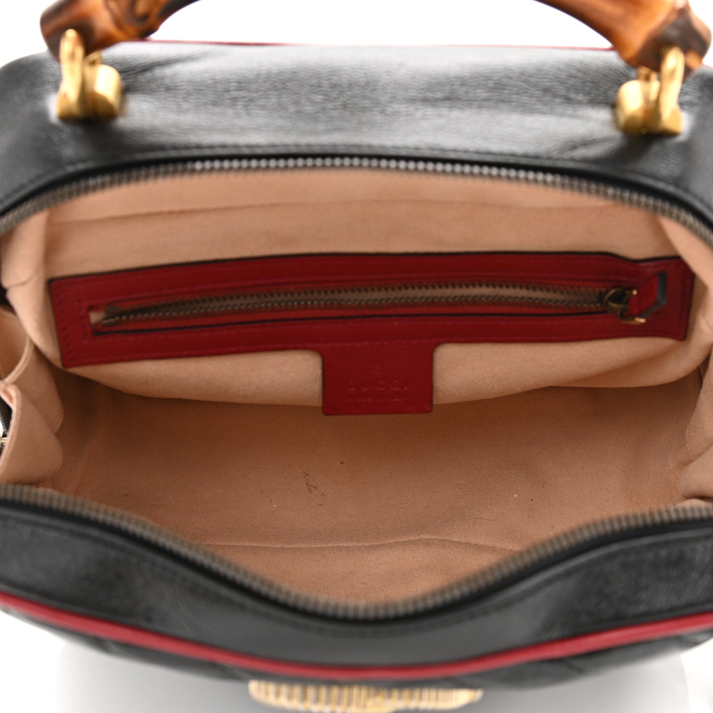 Vintage Effect Calfskin Matelasse Diagonal Small Torchon GG Marmont Bamboo Top Handle Shoulder Bag Black Romantic Cherry