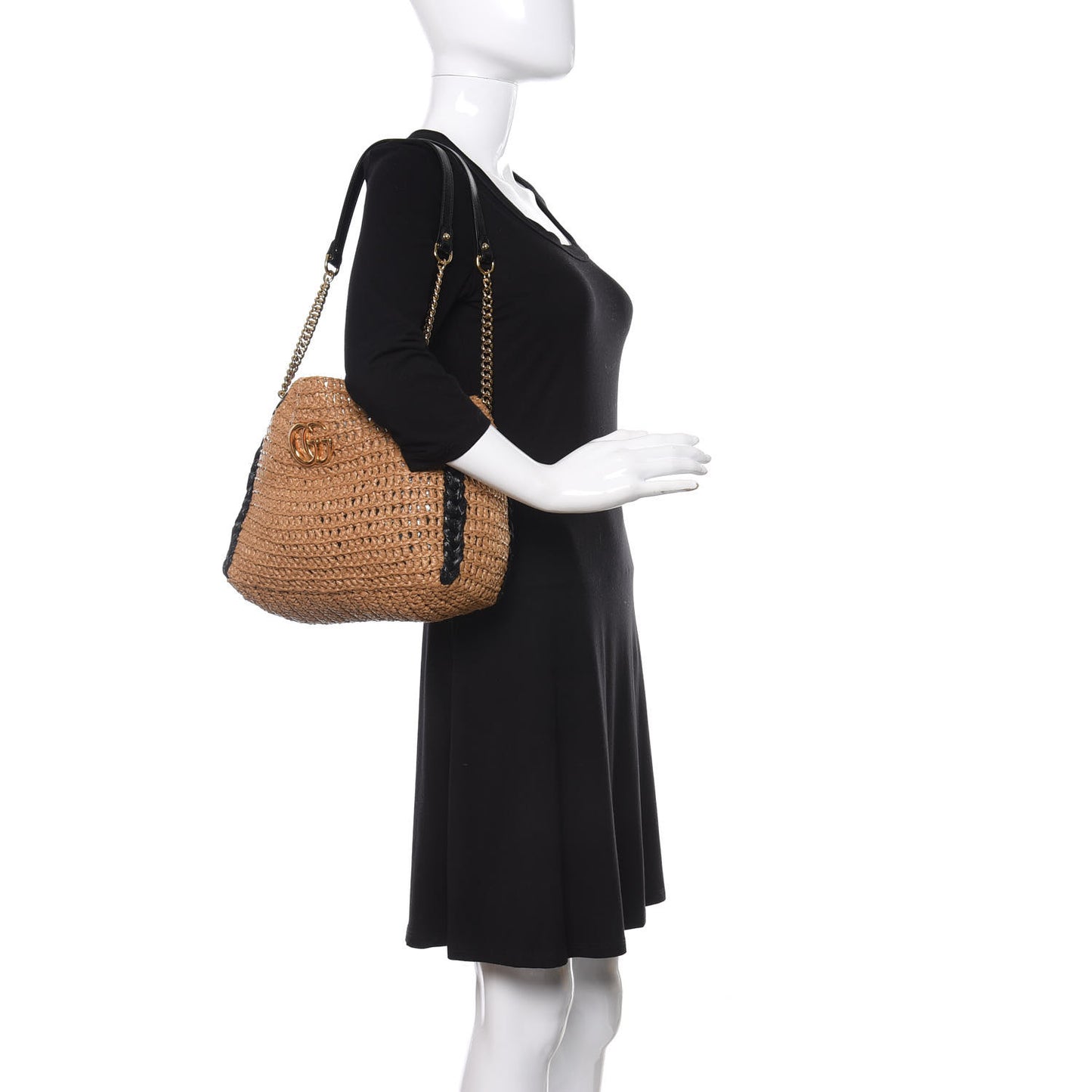 Raffia Effect Medium GG Marmont Shoulder Tote Bag Natural Black