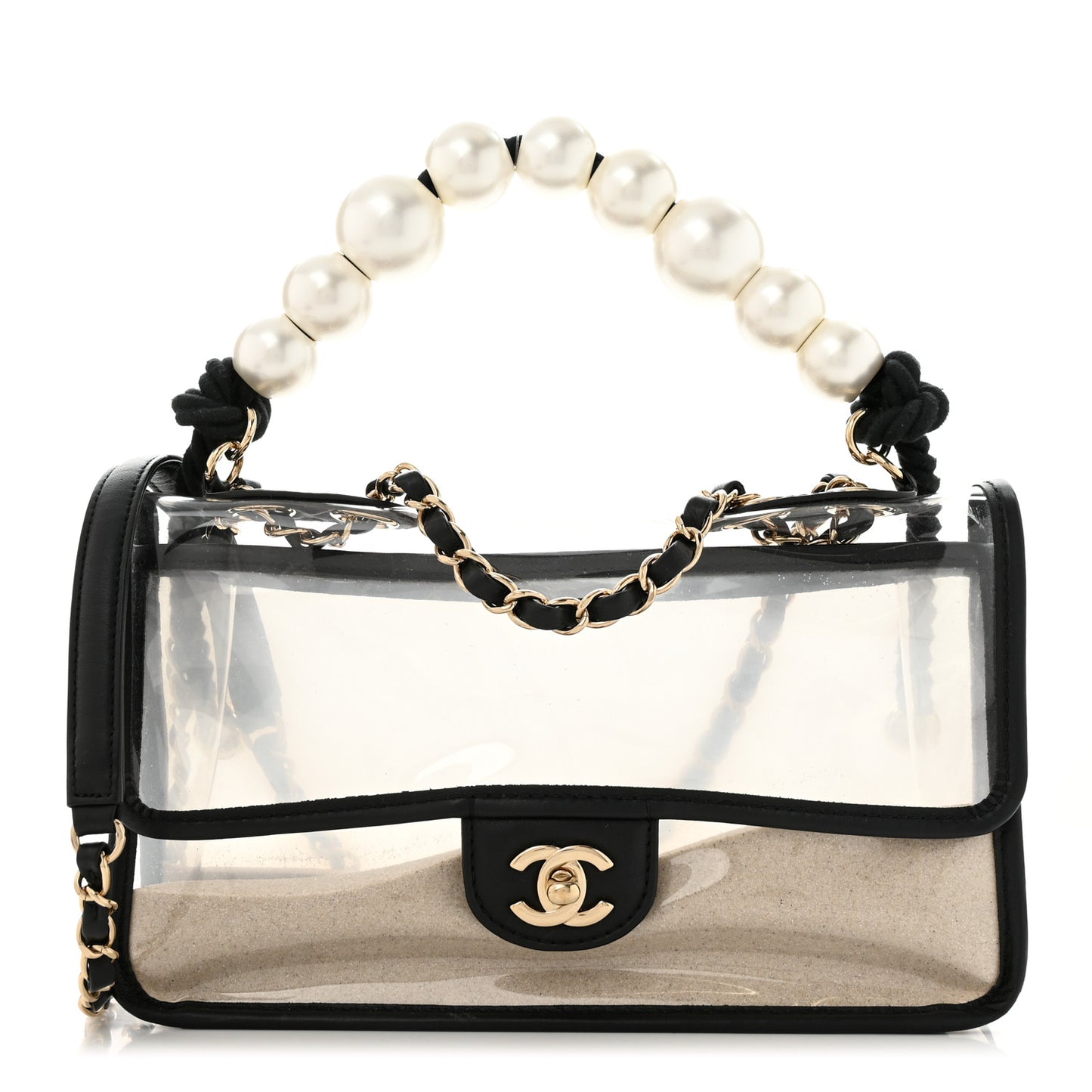 Lambskin PVC Sand By The Sea Flap With Pearl Strap Black