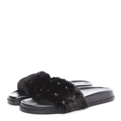 Valentino Garavani Mink Fur Rockstud Slide Sandals 38 Black 3 of 10