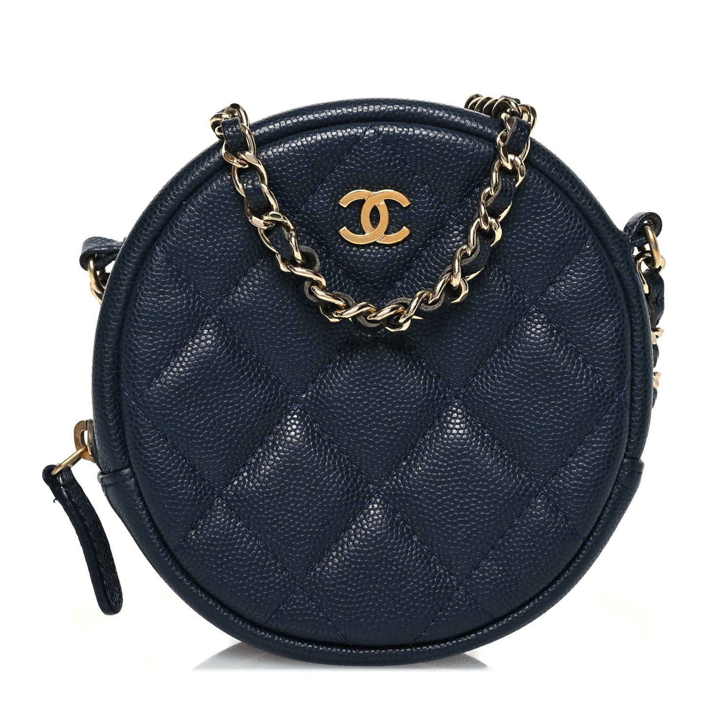 Caviar Quilted Round Clutch With Chain Navy