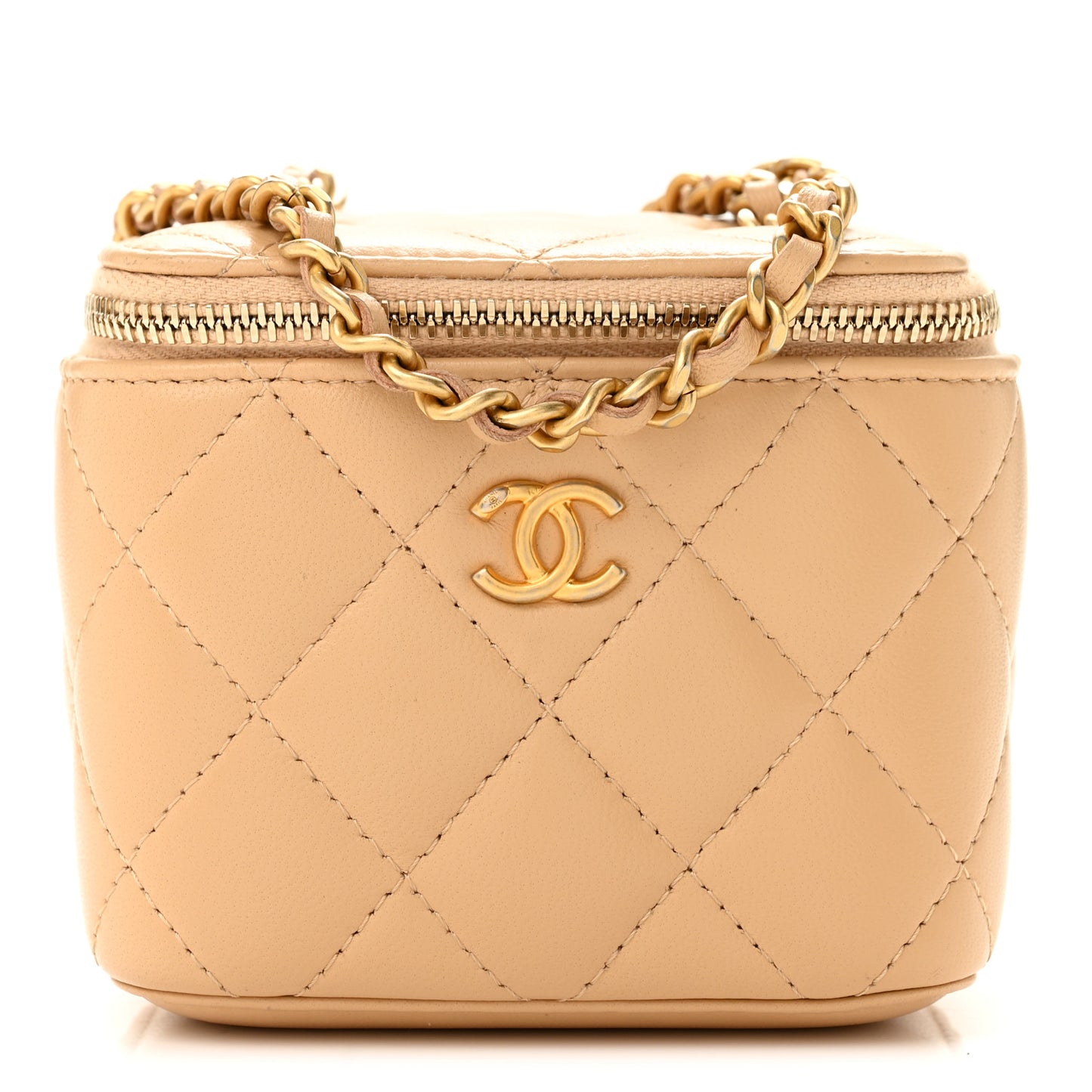 Lambskin Quilted Pearl Crush Mini Vanity Case With Chain Beige