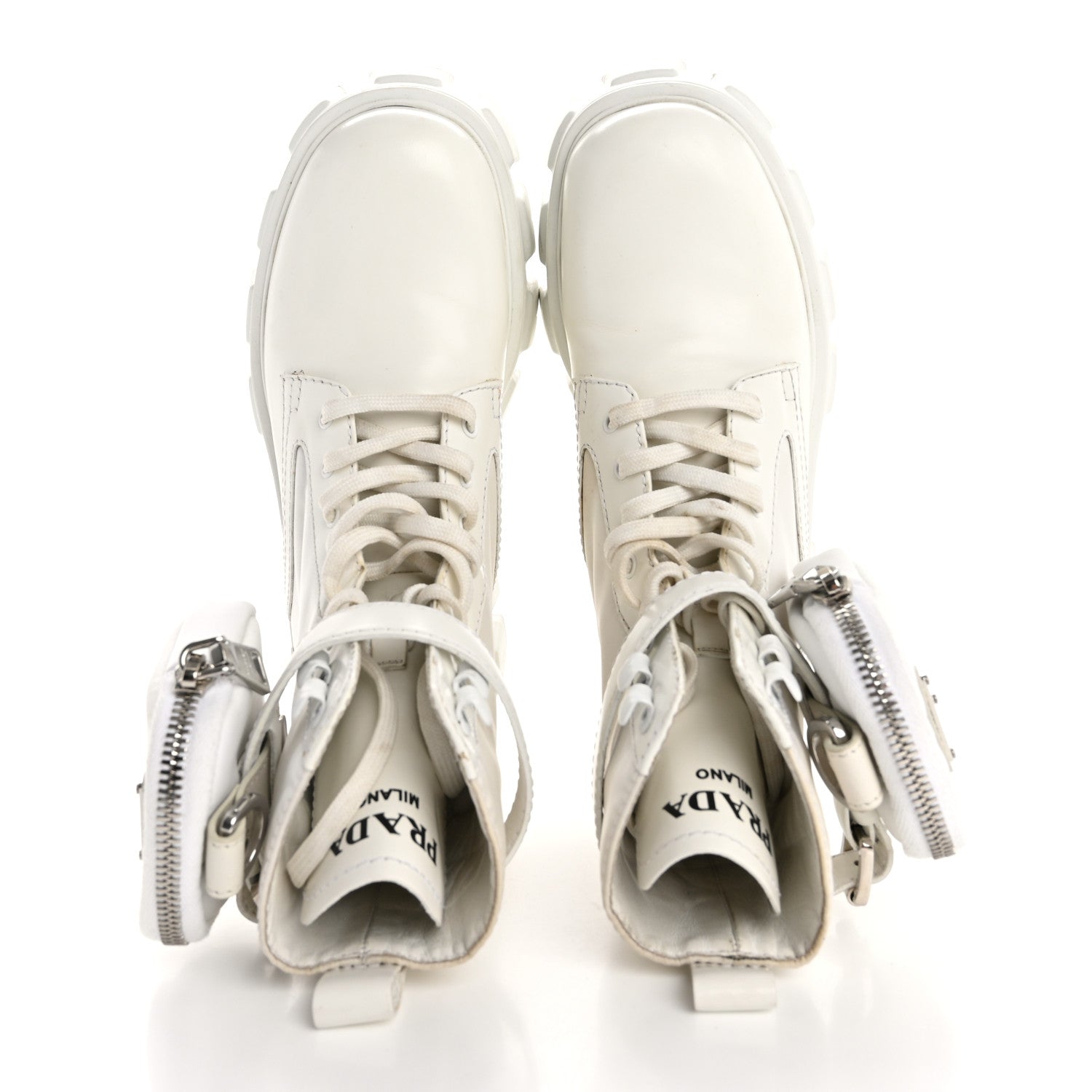 Prada Spazzolato Rois Re-Nylon Metal Triangle Logo Monolith Pouch Pocket 55mm Boots 36 White 1 of 14