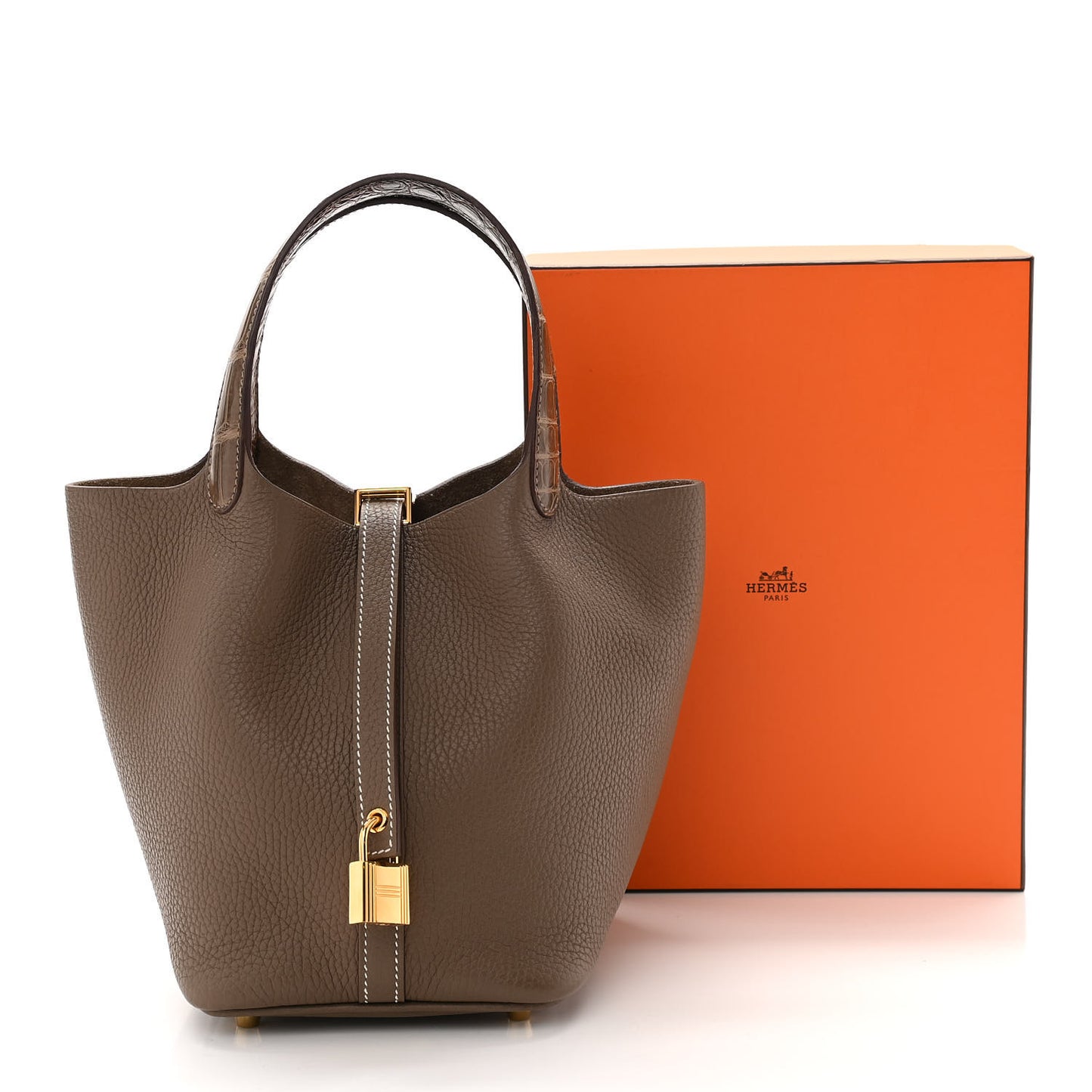 Taurillon Clemence Matte Alligator Picotin Lock Touch 18 PM Etoupe