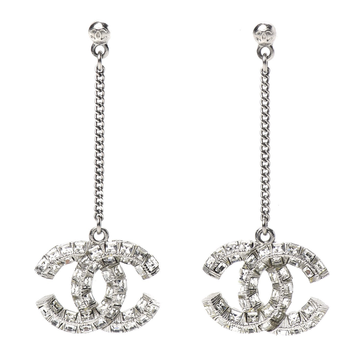 Baguette Crystal CC Drop Earrings Silver