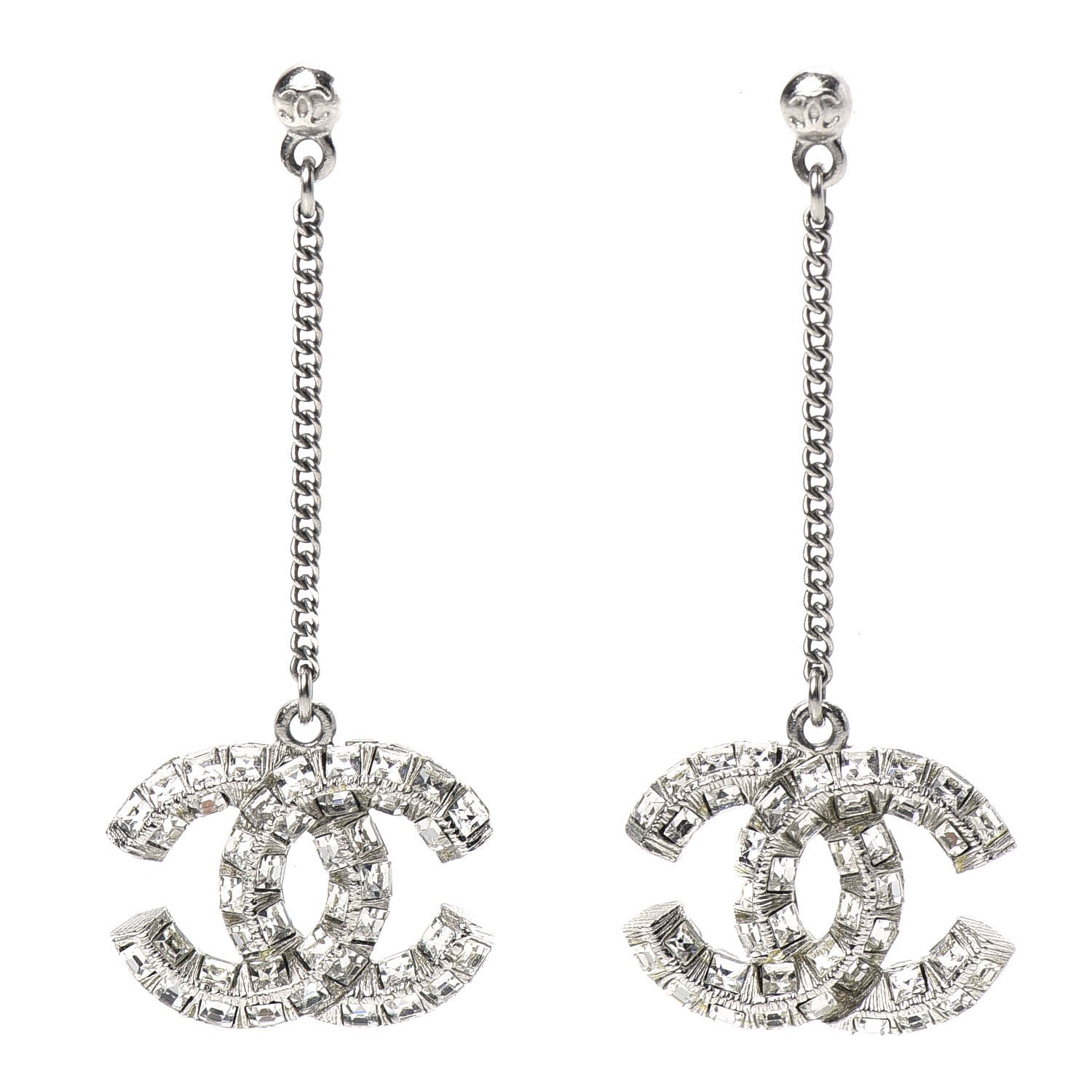 Chanel Baguette Crystal CC Drop Earrings Silver 1 of 3