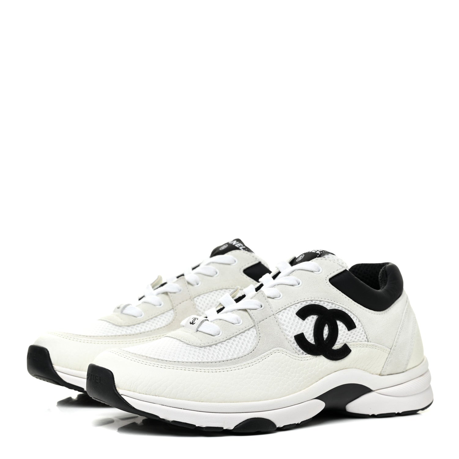 Chanel Mesh Suede Calfskin Grained Calfskin Womens CC Sneakers 41 White Black 3 of 9