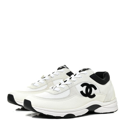 Chanel Mesh Suede Calfskin Grained Calfskin Womens CC Sneakers 41 White Black 3 of 9