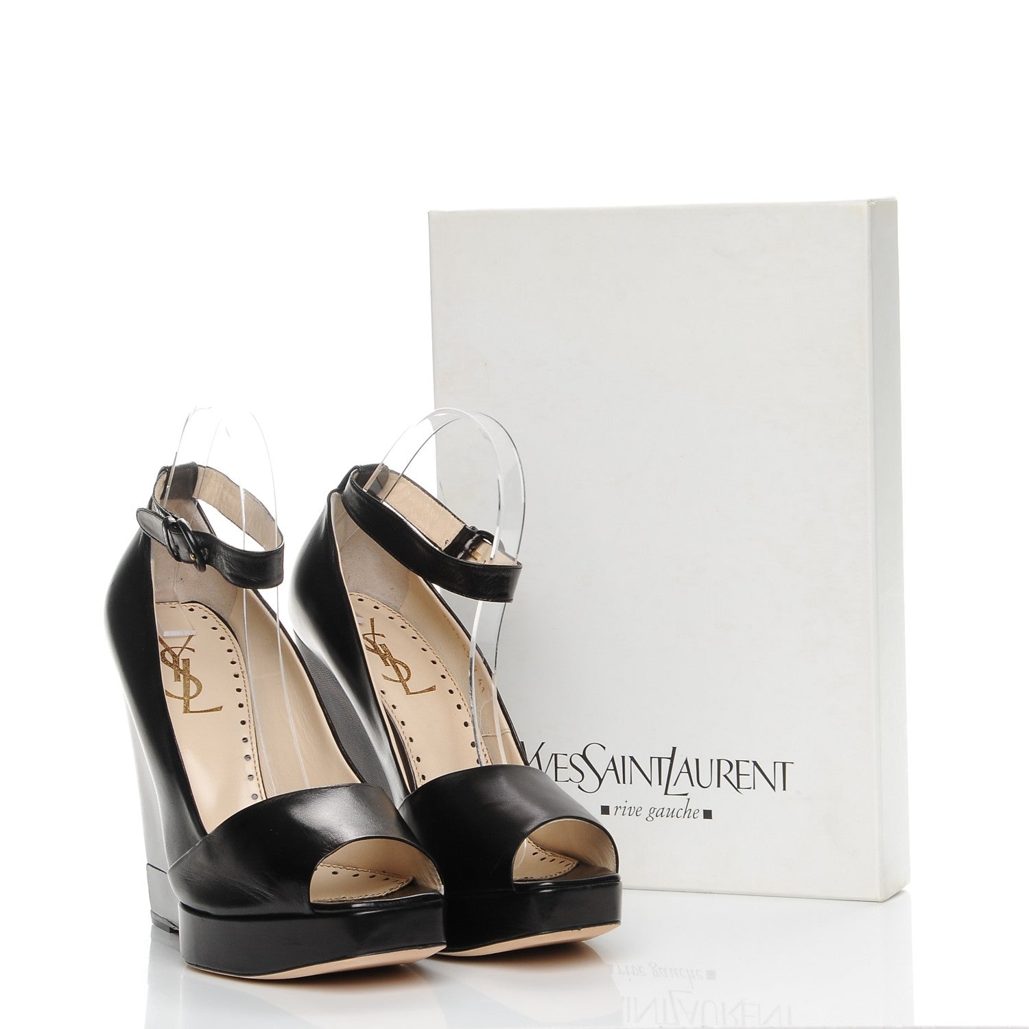 Saint Laurent Calfskin Emma 100 Ankle Strap Peep Toe Wedge 41 Black 9 of 9