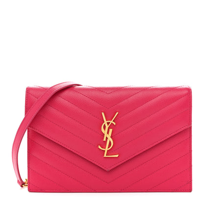 Saint Laurent Grain De Poudre Matelasse Chevron Monogram Envelope Chain Wallet Bubblegum 1 of 15