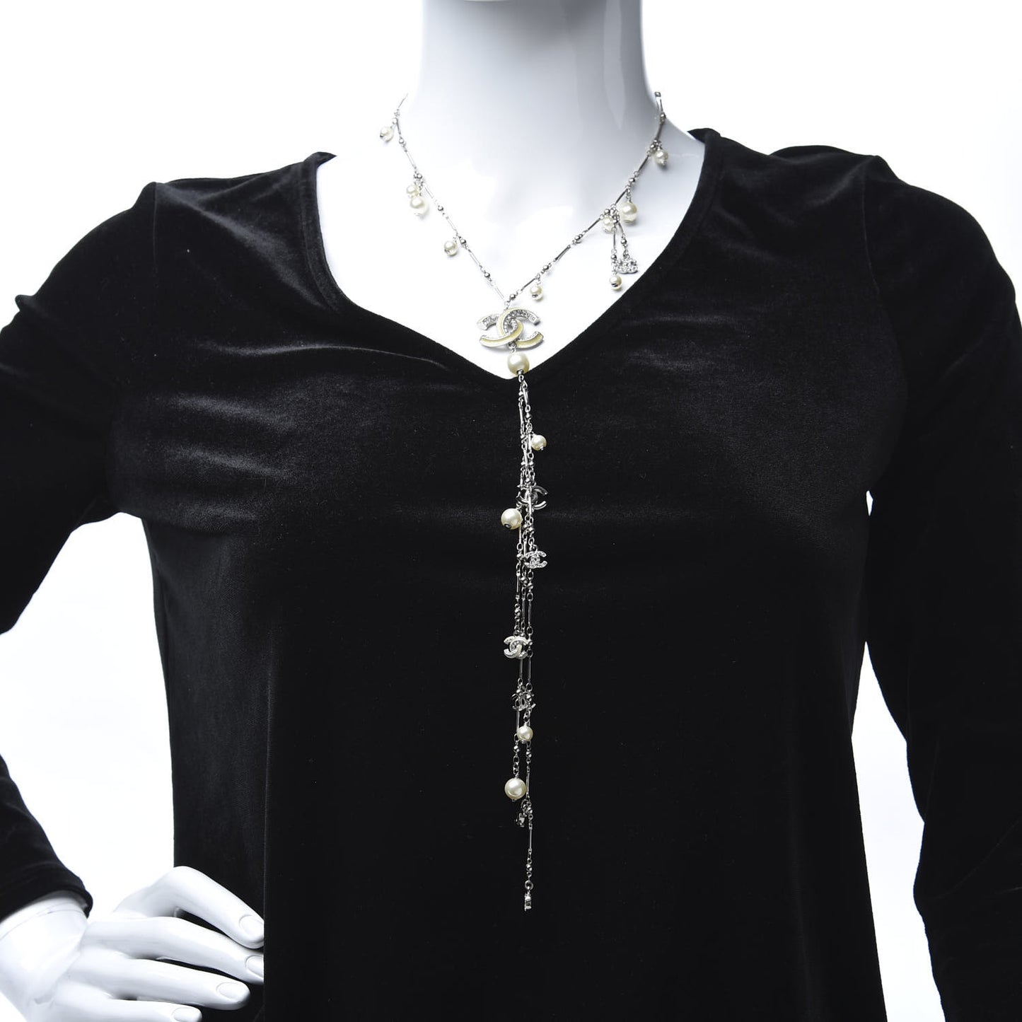Crystal Pearl CC Beaded Long Necklace Silver