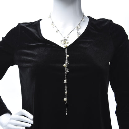 Chanel Crystal Pearl CC Beaded Long Necklace Silver 2 of 5