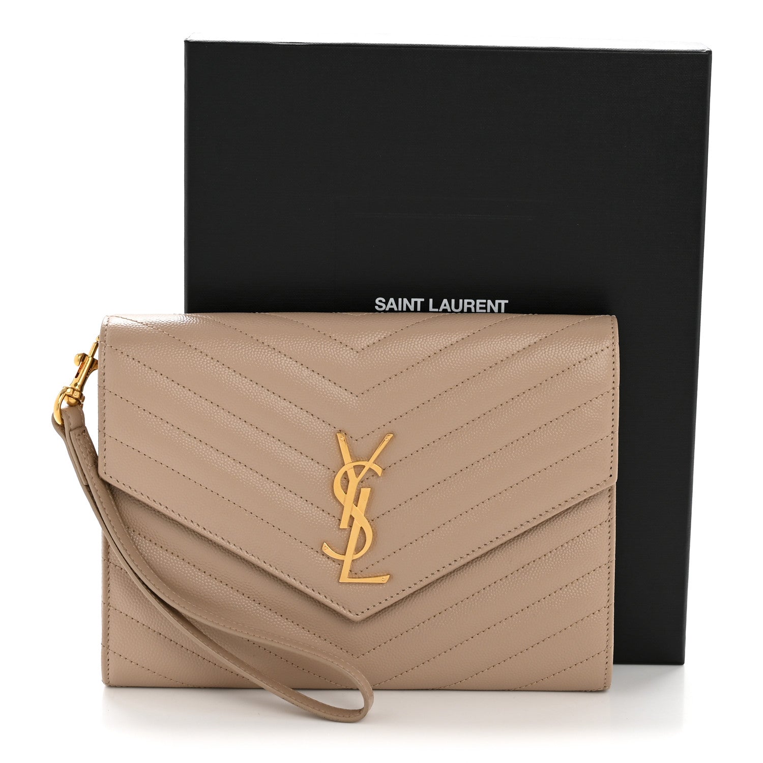 Saint Laurent Grain De Poudre Matelasse Chevron Monogram Envelope Clutch Dark Beige 12 of 12