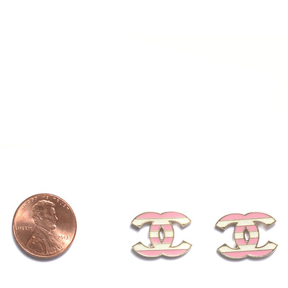 Chanel Enamel Striped CC Earrings Pink White Gold 2 of 5