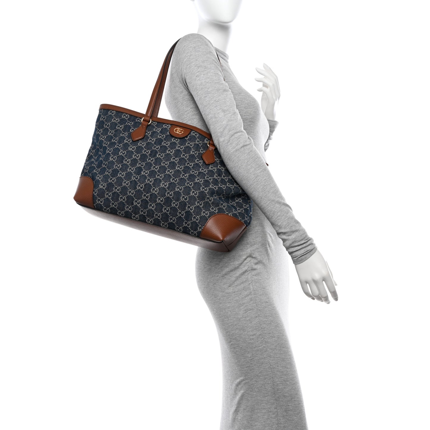 New Denim GG Monogram Medium Ophidia Shopping Tote Blue Tea Cuir