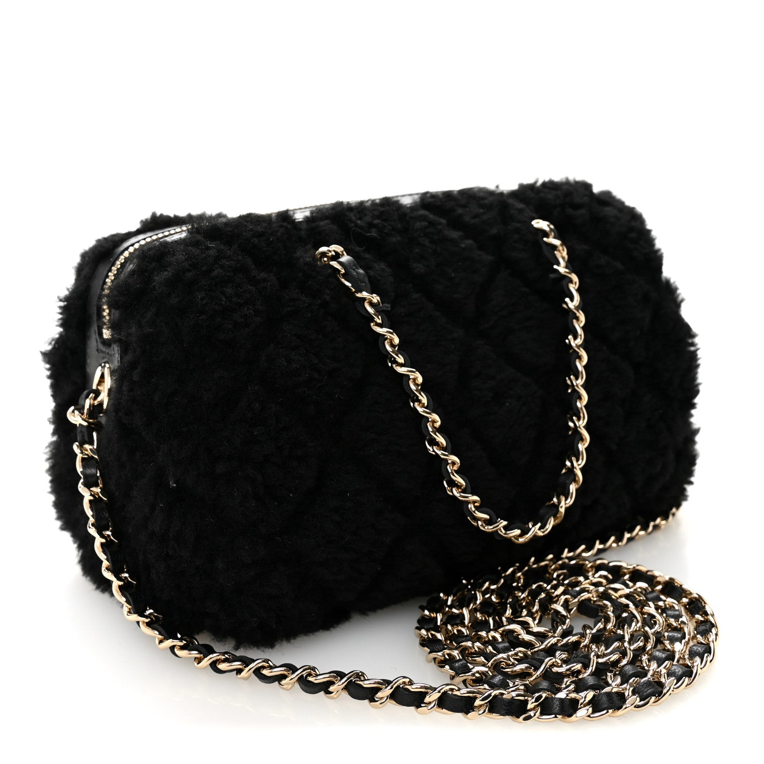 Chanel Shearling Quilted Barrel Clutch With Chain Black 3 of 10