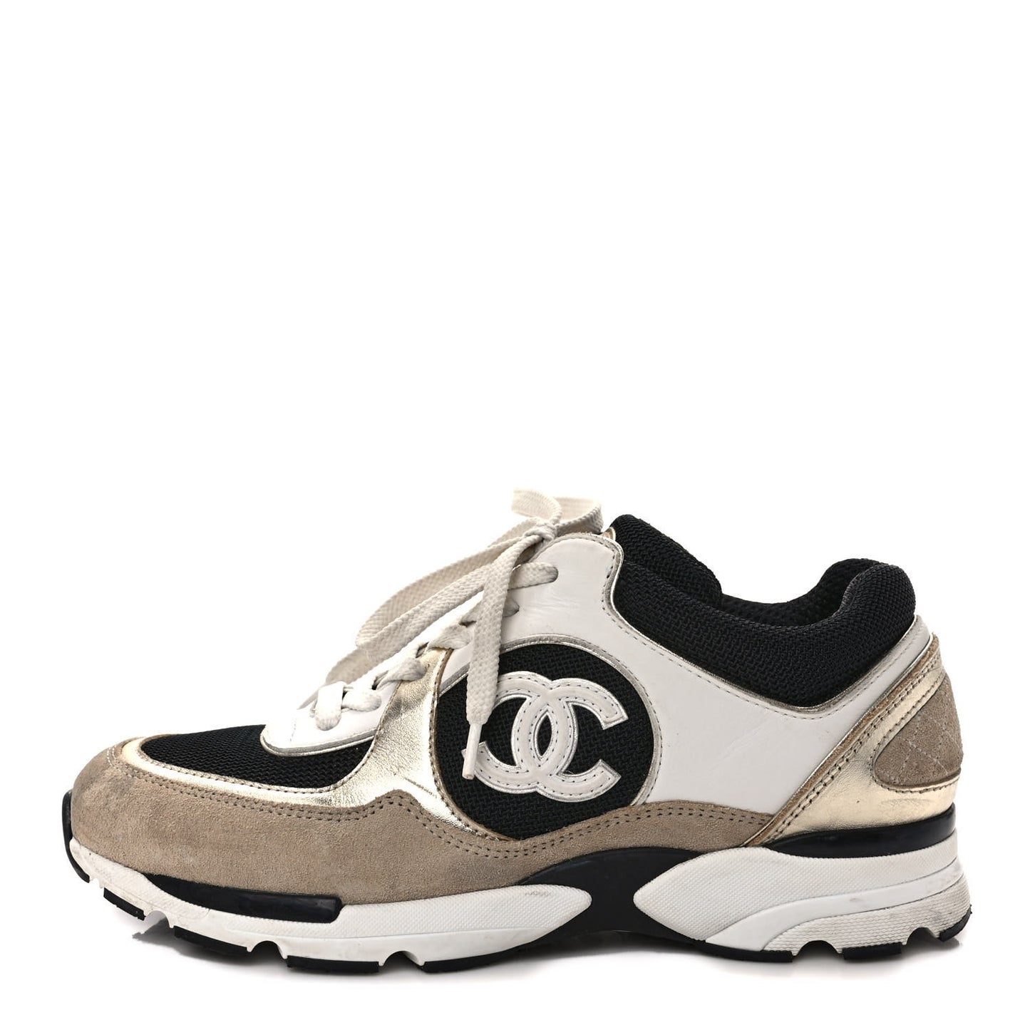 Mesh Suede Calfskin Womens CC Sneakers 38.5 White Black Beige Gold