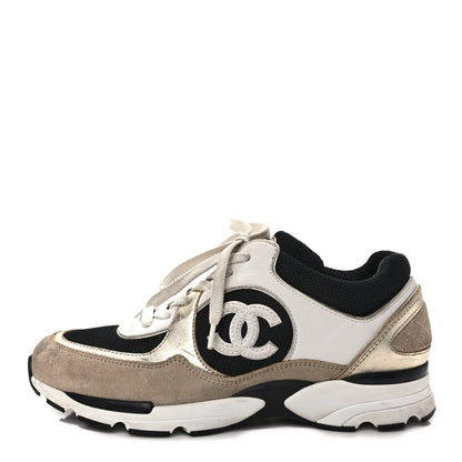 Chanel Mesh Suede Calfskin Womens CC Sneakers 38.5 White Black Beige Gold 1 of 11