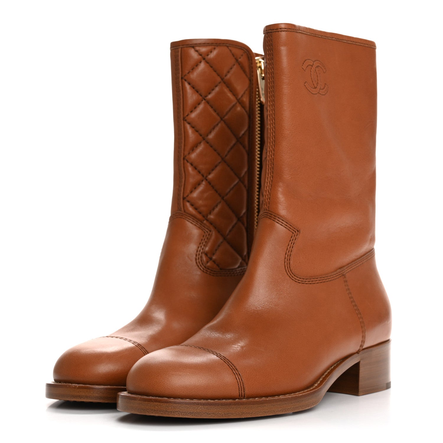 Chanel Calfskin CC Logo Mid Calf Boots 38.5 Caramel 4 of 13