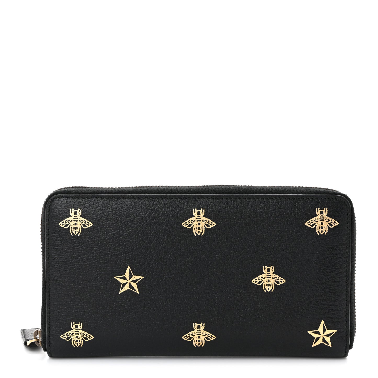 Dollar Calfskin Bee Star Zip Around Wallet Black