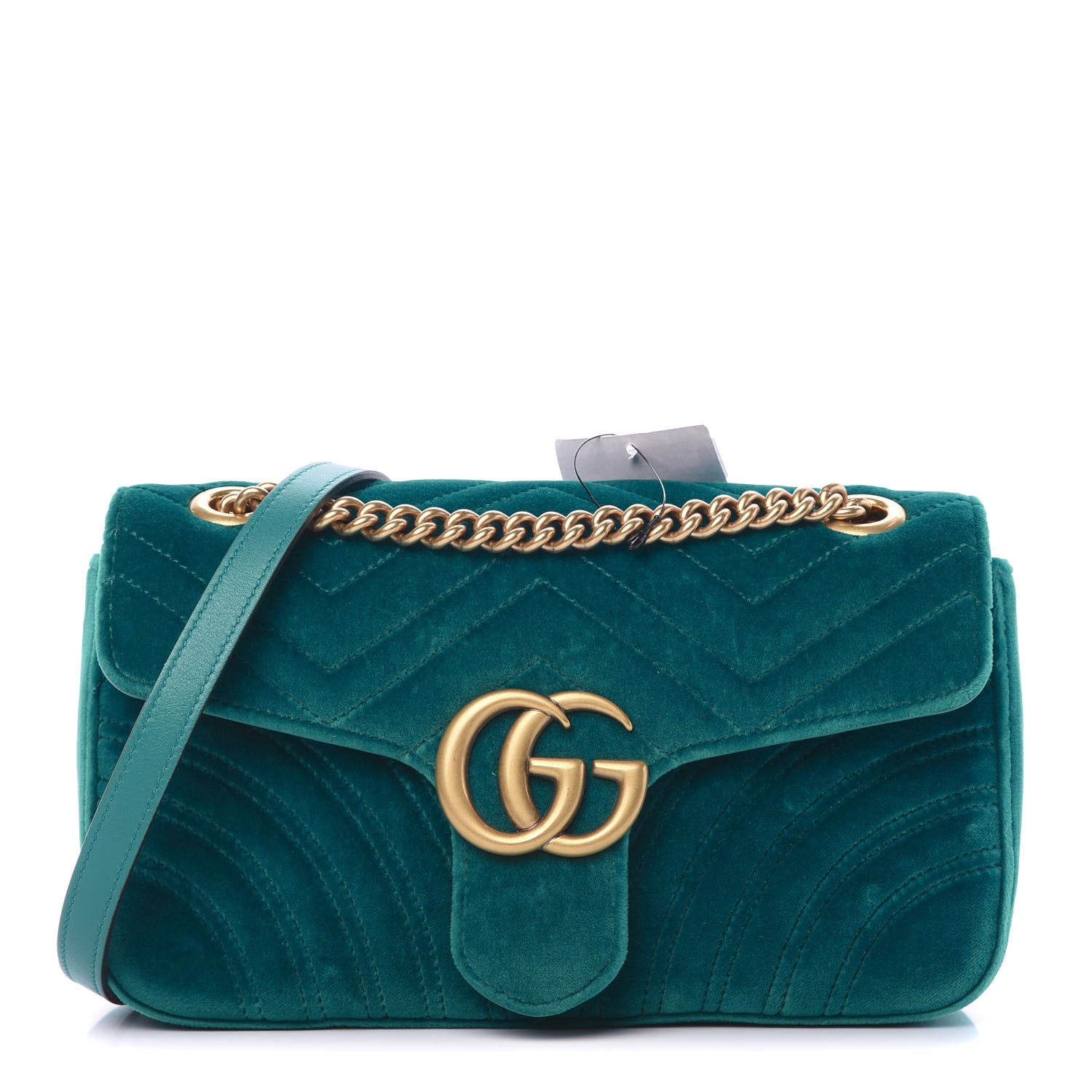 Gucci Velvet Matelasse Small GG Marmont Shoulder Bag Pavone Cyan 1 of 10