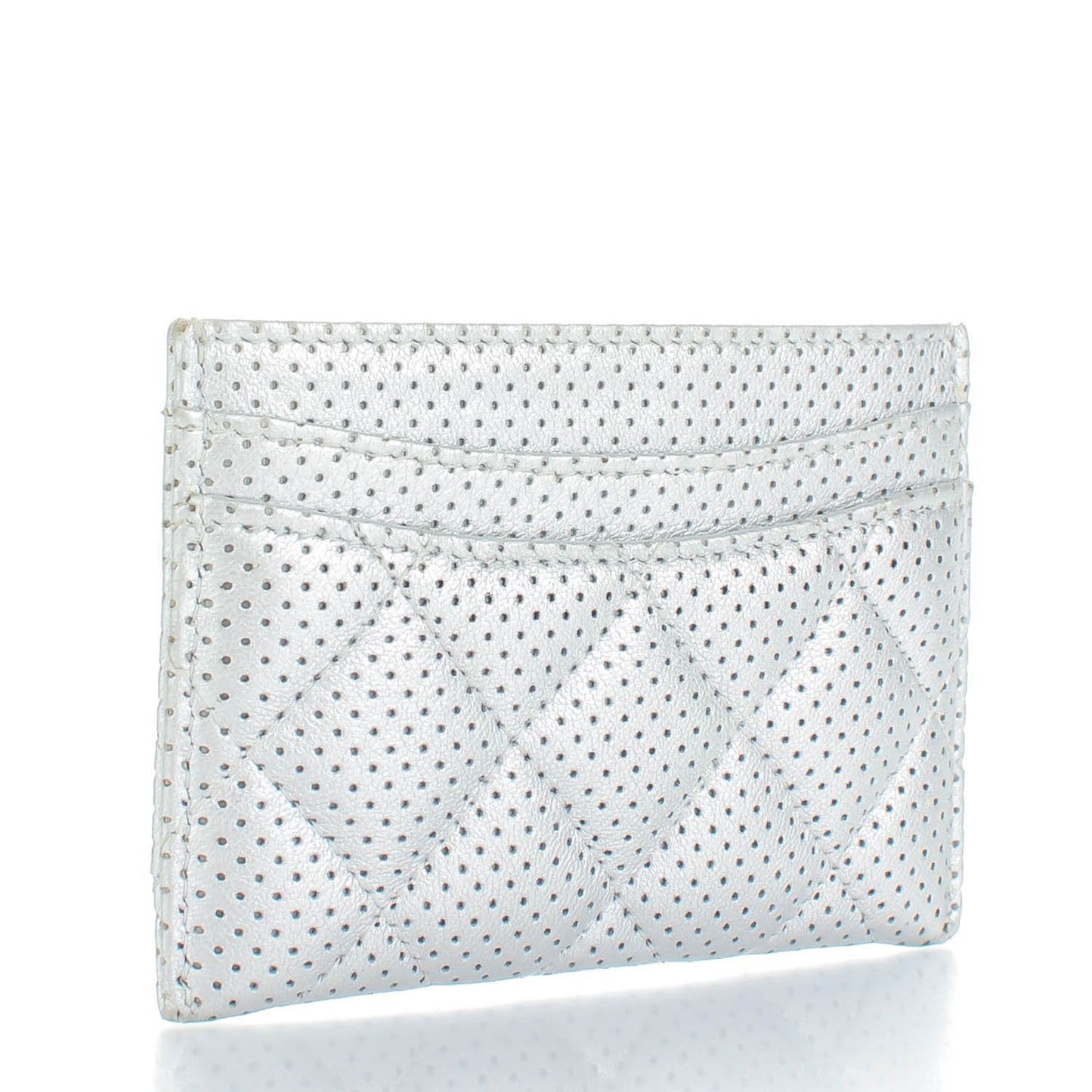 Perforated Lambskin Quilted Card Holder Light Silver