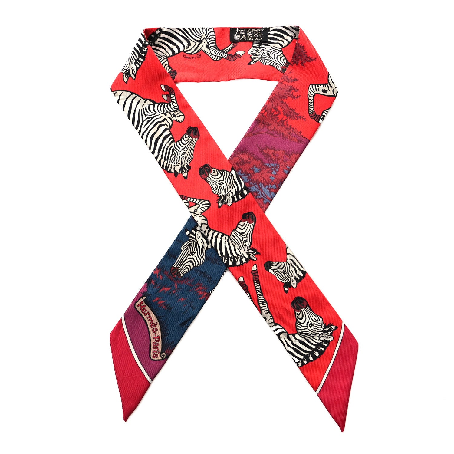 Hermes Silk Les Zebres Twilly Rouge Bleu Noir 1 of 4