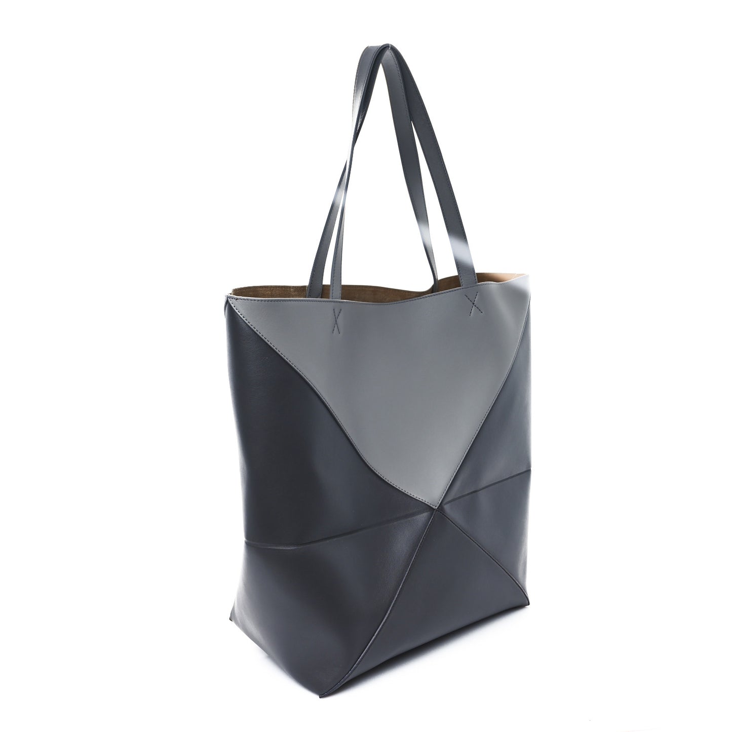 Shiny Calfskin Large Puzzle Fold Tote  Pearl Grey Dark Grey