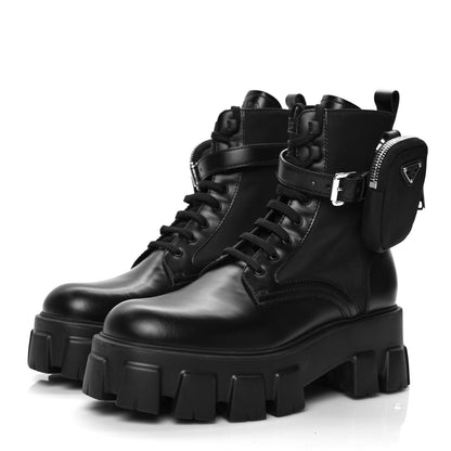 Prada Spazzolato Rois Nylon Metal Triangle Logo Monolith Pouch Pocket 55mm Boots 39 Black 3 of 7