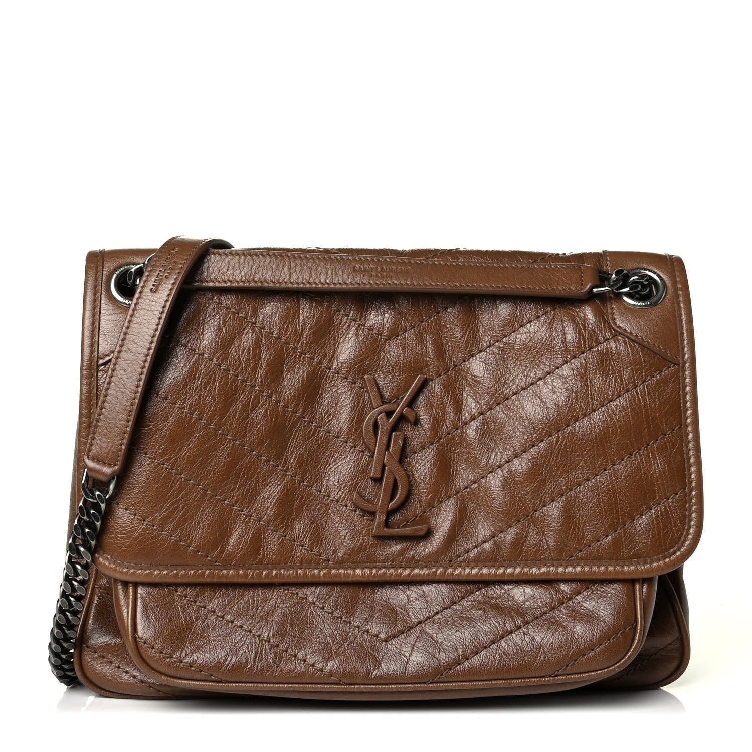 Saint Laurent Crinkled Calfskin Matelasse Monogram Medium Niki Chain Satchel Tan Brown 1 of 5